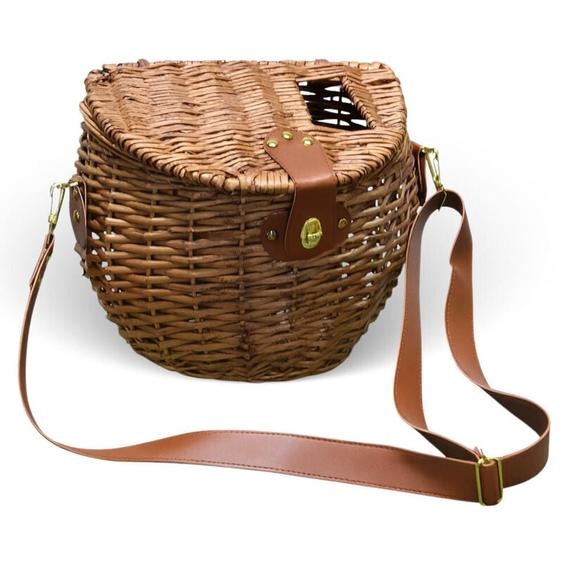 Panier à champignons ovale en osier avec bandoulière et ouverture dans le couvercle 36x21x30