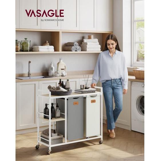 Panier à linge, 2 Compartiments, 100 L, Roulettes, avec Étagères, Poches Amovibles, 6 Étiquettes, Beige Naturel, Gris et Blanc