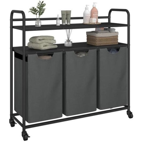 Panier à linge à 3 compartiments, avec 2 étagères, sac à linge extensible et amovible, par sac de 46 L, 3 x 46 L, Gris
