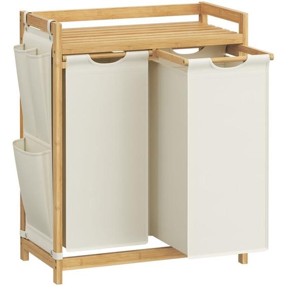 Panier à Linge, avec 2 Compartiments, Corbeille à Linge Sale, en Bambou, Capacité de 100 Litres, avec Étagère, Poches Latérales, 2 x 50 l, 63 x 33 x