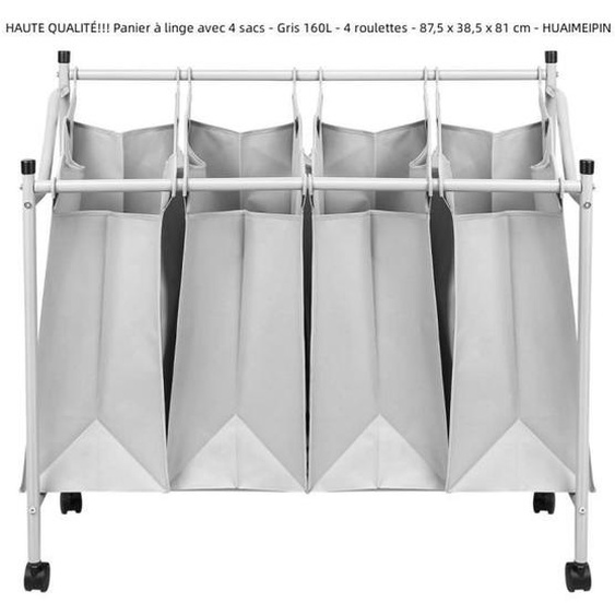 Panier à linge avec 4 sacs - QUIIENCLEE - Gris 160L - 4 roulettes