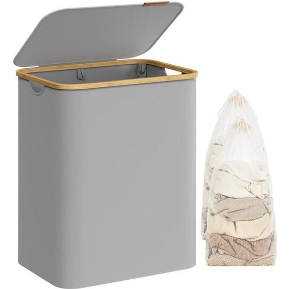 Panier à Linge avec Couvercle à 2 Compartiments - SONGMICS - Gris Tourterelle - Tissu Oxford - Pliable