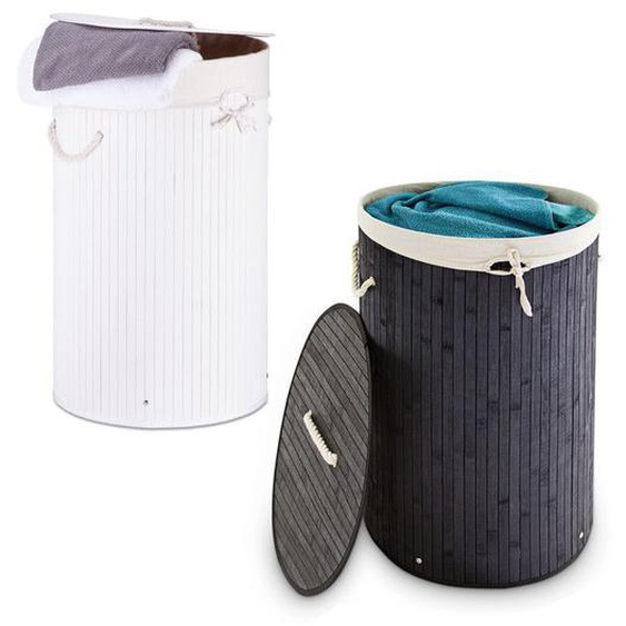 Panier à linge bambou, lot de 2, corbeille linge pliante, 80 L, sac intérieur coton, noir - blanc