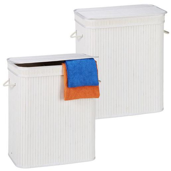Panier à linge bambou, lot de 2, corbeille rectangulaire, 2 compartiments, couvercle, pliable, 95 L, blanc