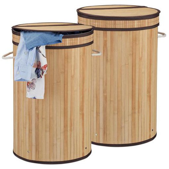 Panier à linge bambou, lot de 2, pliable, Corbeille à linge ronde, 65 L, Sac à linge, Ø 40 cm, nature