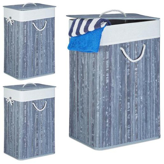 Panier à linge bambou, lot de 3, corbeille linge pliante, 83L, sac intérieur coton, 65,5 x 43,5 x 33,5 cm, gris