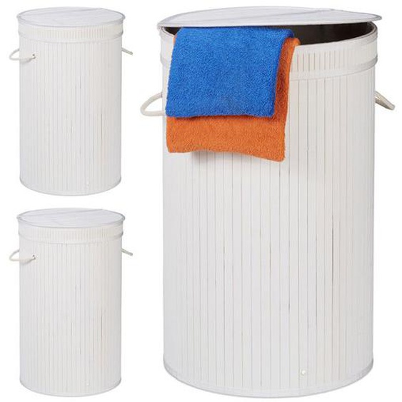 Panier à linge bambou, lot de 3, pliable, Corbeille à linge ronde, 65 L, Sac à linge, Ø 40 cm, blanc