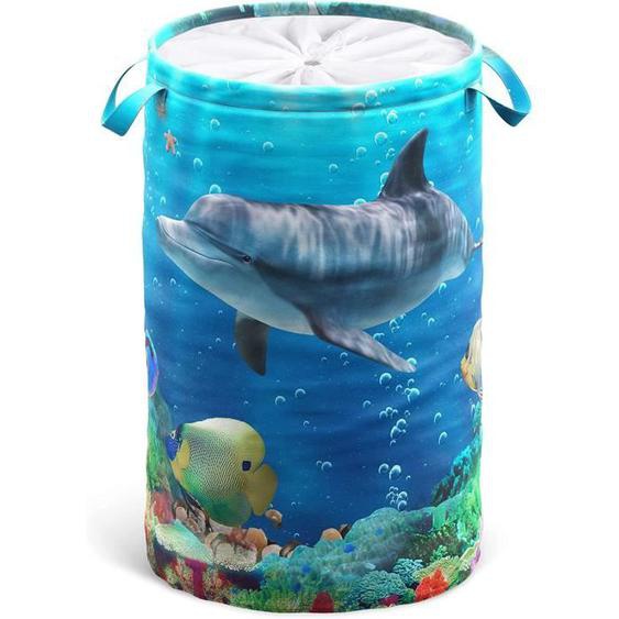 Panier à Linge, Corbeille à Linge Ronde 60 litres, Sac à Linge Pliable avec des Poignées Dauphin Coraux