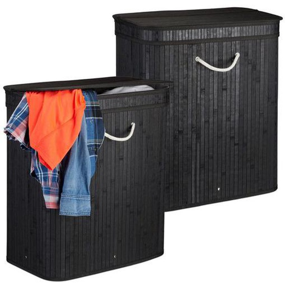 Panier à linge couvercle, lot de 2, corbeille rectangulaire 2 compartiments, avec couvercle, pliable, 95 L, noir