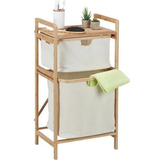Relaxdays Panier à linge, structure bambou, trieur 2 panières, HLP : 85x44x33 cm, étagère salle de bain, nature-beige