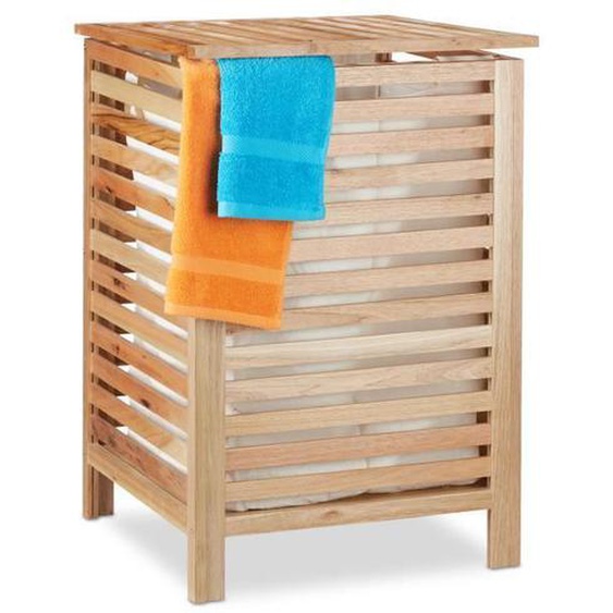 Relaxdays Panier à linge en noyer, corbeille à vêtements, couvercle, 52L, vintage, sac amovible, 65,5x45x45 cm, nature