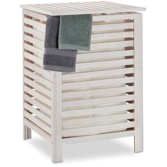 Relaxdays Panier à linge en noyer, corbeille à vêtements avec couvercle, 52 L, vintage, sac amovible, blanc