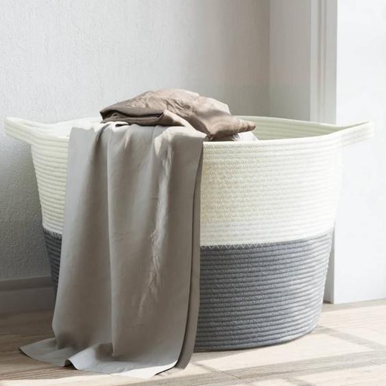 Panier à linge gris et blanc Ø60x36 cm coton