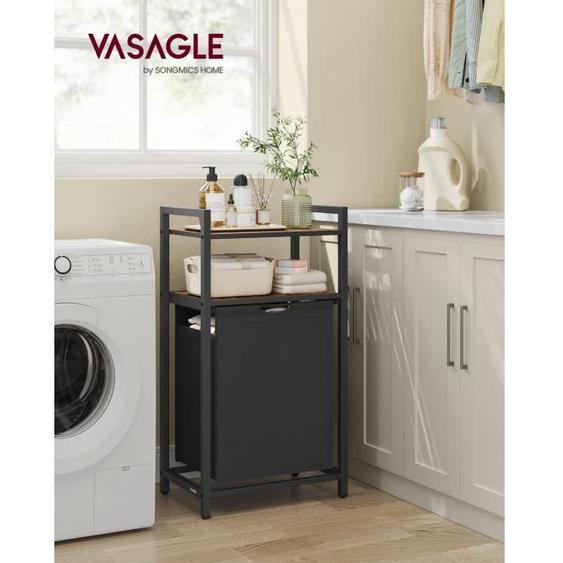 Panier à Linge, Rangement 1 Compartiment, 1 Sac Amovible en Tissu Oxford, 2 Étagères, 65 Litres, Marron Rustique et Noir