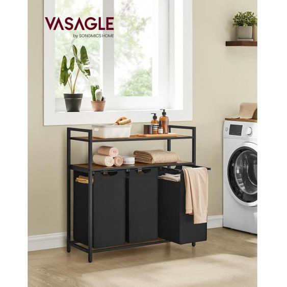 Panier à Linge, Rangement 3 Compartiments, 3 Sacs Amovibles en Tissu Oxford, 40L pour Chaque Sac, Marron Rustique et Noir