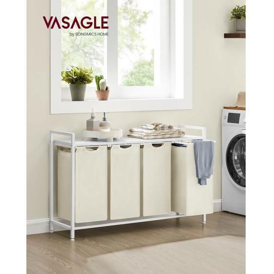 Panier à Linge, Rangement 4 Compartiments, 4 Sacs Amovibles en Tissu Oxford, 4 x 40 L, 116 x 33 x 72 cm, Blanc Crème et Blanc Nuage