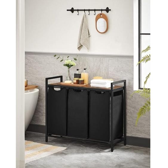 Panier à Linge Sale, Corbeille 3 Compartiment, Bac, avec 1 Étagère de Rangement, Sacs en Amovible, Volume de Chaque Sac 38L, pour Salle de Bain,