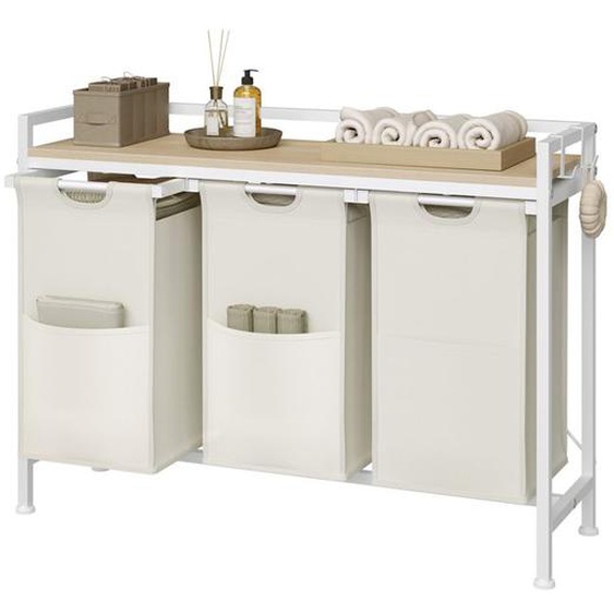 Panier à Linge WOLTU - Meuble Étagère en Métal - 3 Compartiments - Sac en Tissu Oxford Amovible - Blanc+Chêne Clair