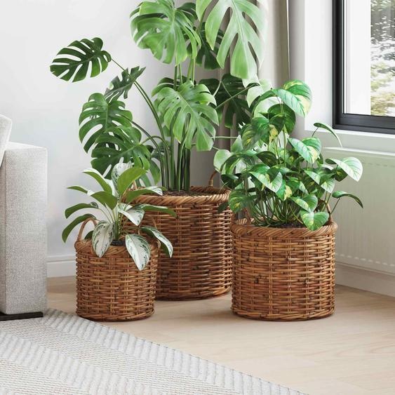 Panier à plantes avec stockage 3 pcs Marron Rattan Kubu