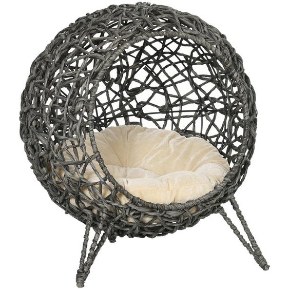 Panier chat lit surlev chat cosy niche grotte grand confort dim.  52 x 58H cm coussin moelleux inclus rsine tresse imitation rotin gris