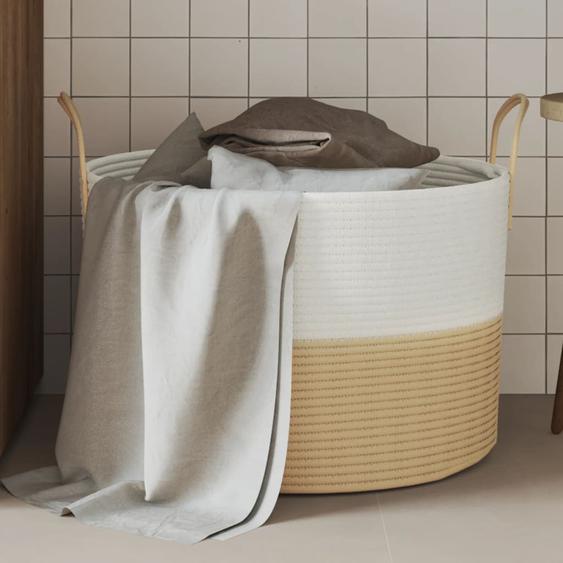 Panier de rangement beige et blanc Ø51x33 cm coton
