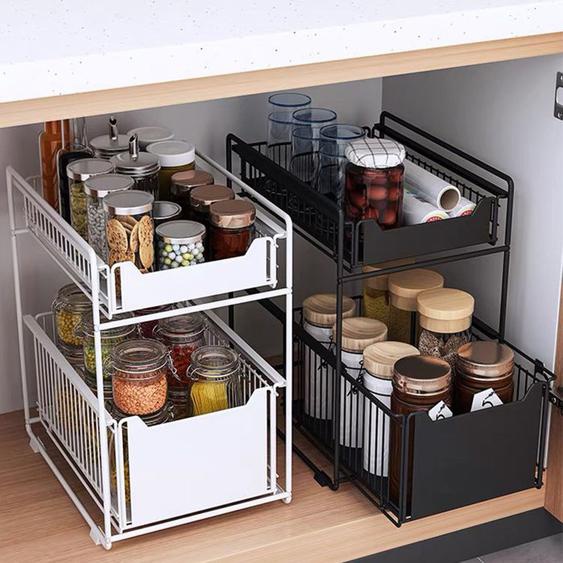 Panier de rangement coulissant - B.LIVEM - Blanc - Charge 30kg - Plan de travail de cuisine, placard, salle de bain