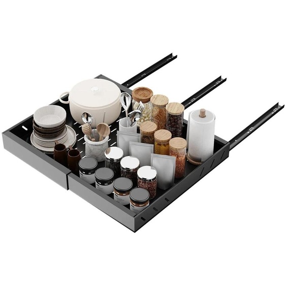 Panier de rangement extensible pour cuisine - Organisateur extensible sous lévier - Largeur réglable - Acier - Profondeur de 53 cm - Noir - 1 pièce