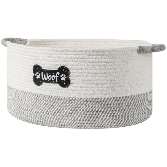 Panier en corde de coton tressé pour jouets de chien, gris, 36x26x20 cm, pliable avec poignée