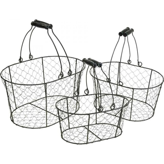 Panier en fil métallique noir avec poignées et bois, set de 3 en 35/31/27cm - Paniers décoratifs polyvalents pour la maison et le jardin