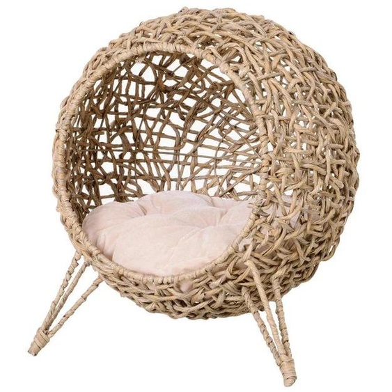 Panier en osier pour chat avec coussin – Lit rond pour chat | Couleur : Naturel | Dimensions : 52x52x58 cm