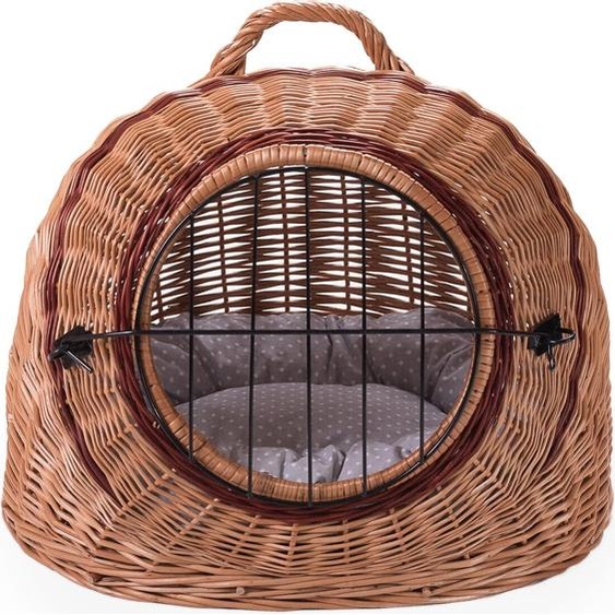 Panier en osier pour chats et autres animaux, panier ovale avec fermeture métallique et coussin III, K22 - vertèbres blanches sur marron