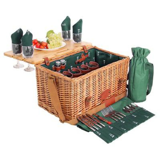 Panier pique-nique en cuir tissu vert - 4 personnes