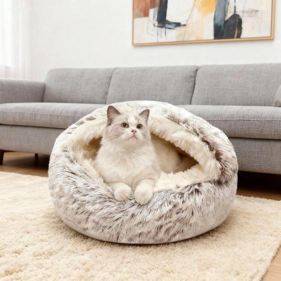 Panier pour animaux de compagnie, lavable, en peluche, pour chats ou chiens, panier douillet avec capuche, antidérapant, couleur café, dimensions : L 50 x L 50 x H 10 cm