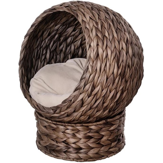 Panier pour chat en jacinthe deau avec support, niche surélevée, lit pour chat tressé, couleur café | 50 x 42 x 60 cm | jusquà 3,5 kg | coussin inclus