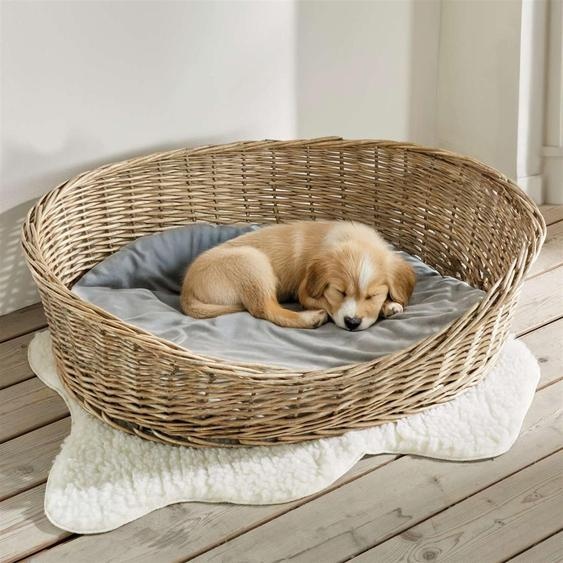 Panier pour chien Koboo Grey en osier, taille XL 90x70 cm, lit pour chien de taille moyenne, lit pour animal avec coussin, panier en osier