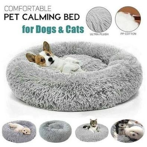 Panier pour Chien, Lit Ronde en Forme de Beignet Ø80cm, Canapé, Coussin Central Amovible et Lavable, Tissu Peluche Doux, Gris