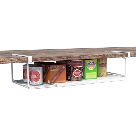 Panier suspendu pour meuble bas - Étagère de rangement à fixation par serrage - Extensible - Dimensions réglables - Anti-basculement - Structure grillagée - Fer - Blanc