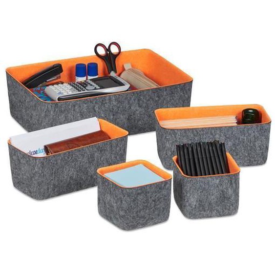 Relaxdays Paniers de rangement en feutre, lot de 5, organiseur de tiroir pour bureau, 3 tailles, corbeilles, gris/orange