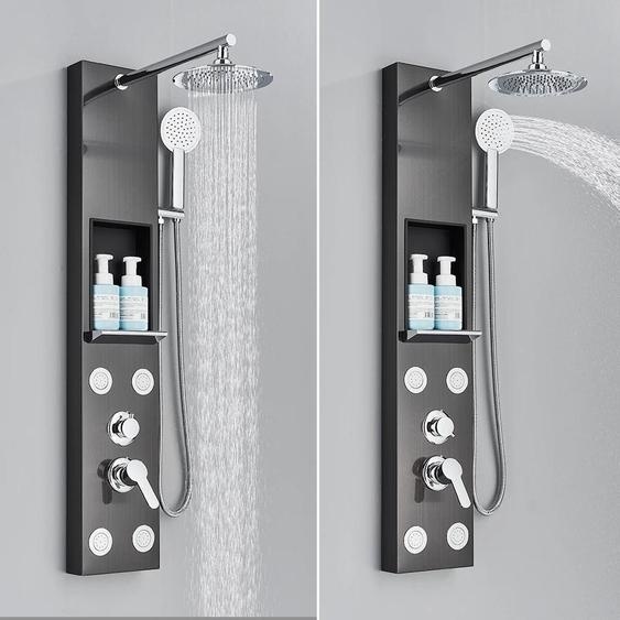 Panneau de douche avec mitigeur - Modèle 7001 - Mitigeur monocommande, eau chaude/froide, montage mural fixe, cartouche en céramique, finition brossée, tablette - Blanc