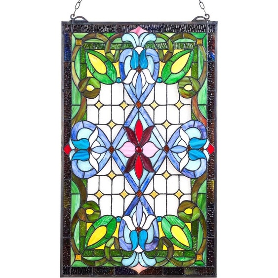 Panneau de vitrail, 433 x 731 mm, panneau de fenêtre suspendu de style Tiffany avec chaîne, grand vitrail rectangulaire vertical, artisanat dart traditionnel vintage pour la décoration intérieure de la cuisine