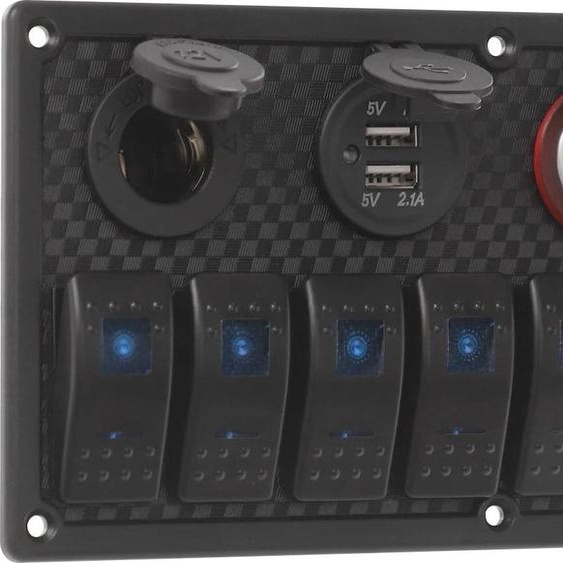 Panneau deLED marin - Panneau deà 8 interrupteurs à bascule - 12-24 V, USB 3,1 A, fusible 15 A, IP65, aluminium + ABS - Bleu ciel