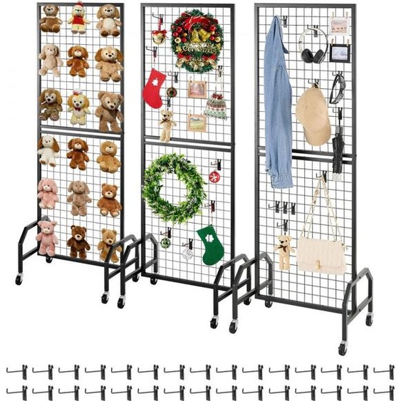 Panneaux muraux grillagés 60 x 164 cm 3 pièces - Présentoir roulant avec 30 crochets - Étagères de présentation en acier carbone - Étagère dexposition dart pour la décoration et le stockage - Noir