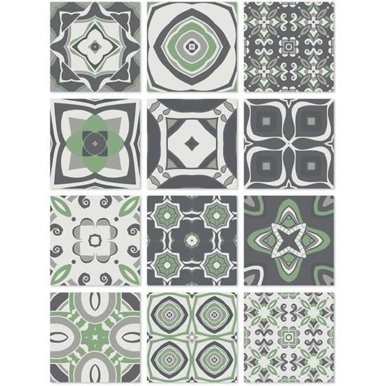 Panorama Stickers Carrelage Adhésif 48 Pièces de 15x15cm Modèle Hydraulique Vert - Autocollant adhésif en Vinyle pour Carreaux