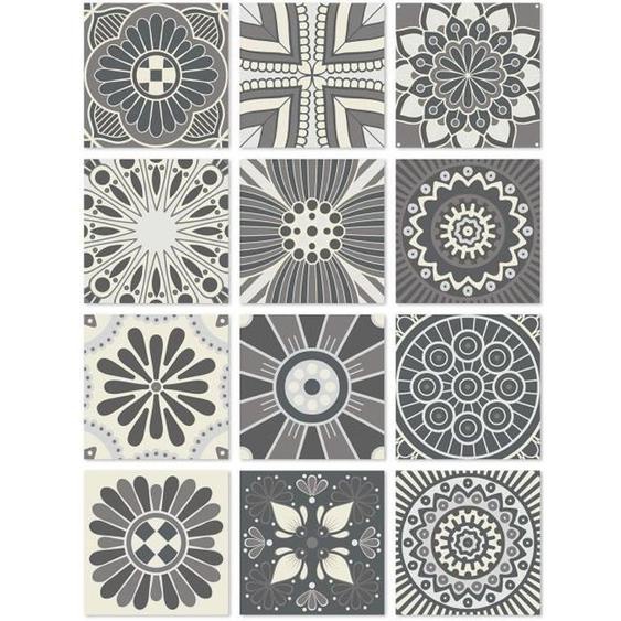 Panorama Stickers Carrelage Adhésif Cuisine 48 Pièces de de 15x15cm Hydraulique Gris - Autocollant adhésif en Vinyle pour Carreaux