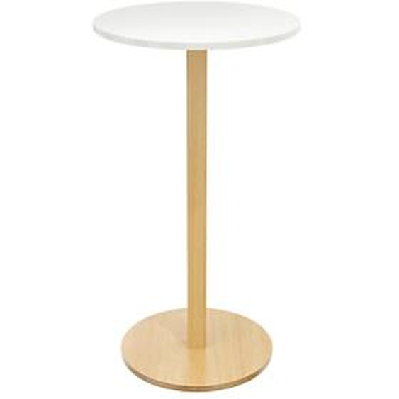 Paperflow Table Mange Debout Woody - Diamètre 60 cm - Plateau blanc, pied bois massif vernis