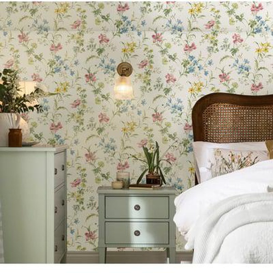 Papier peint Laura Ashley Fleurs Poppy Meadow 1005 x 52cm Rose, vert, bleu, ocre, blanc