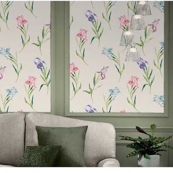 Papier peint Laura Ashley Iris Hawling Soft Natural 1005 x 52cm Vert. rose, bleu, violet sur fond beige