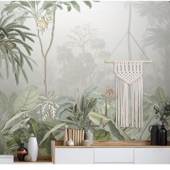 Papier peint panoramique Brume tropicale dun matin dans la Jungle 280 x 300cm Vert, Gris