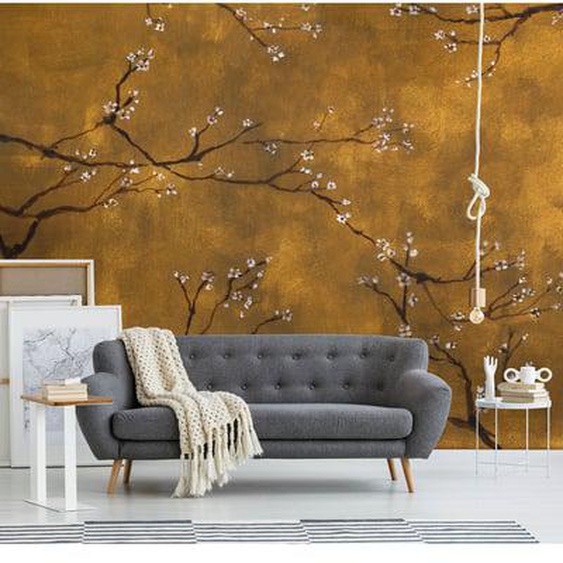 Papier peint panoramique Cerisiers japonais 280 x 300cm Ocre doré