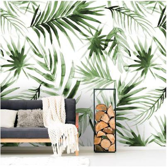Papier peint panoramique Feuilles Aquarelle 280 x 200cm Vert, Blanc